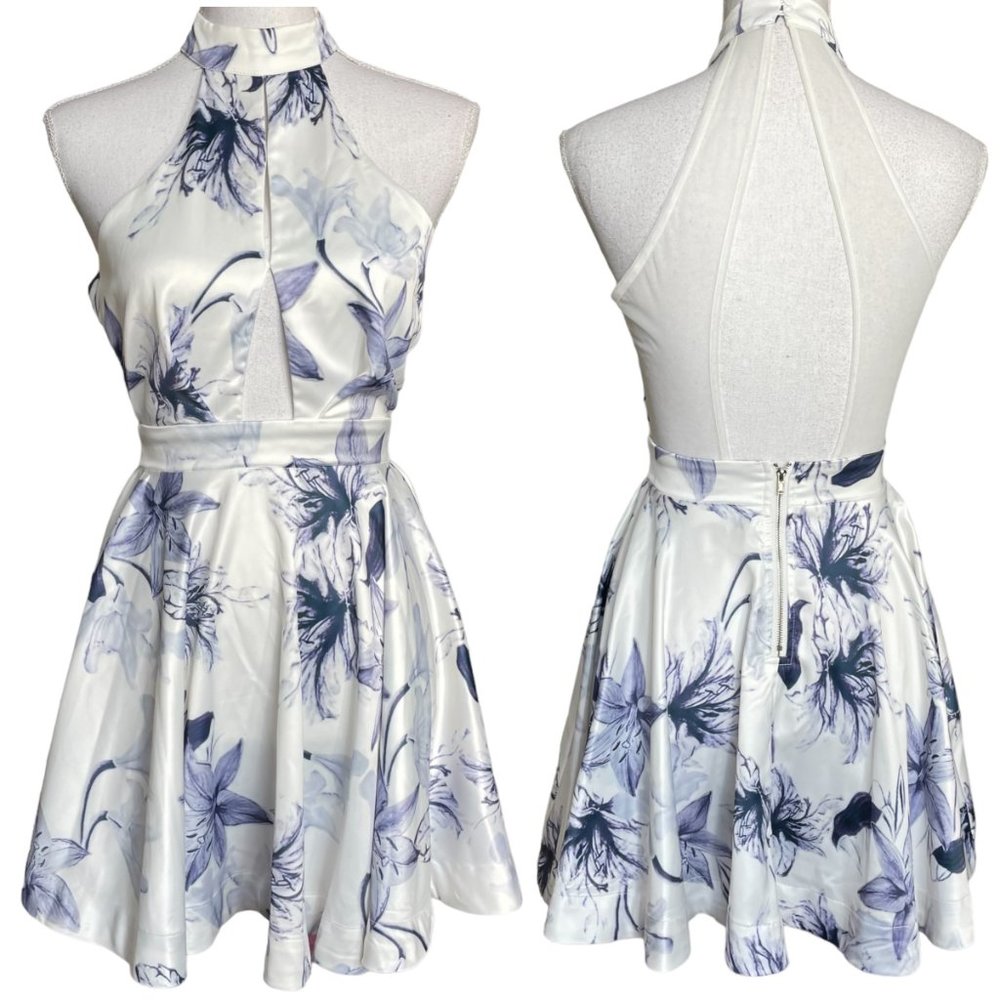 Floral Halter Neck Mini Dress - White and Blue
